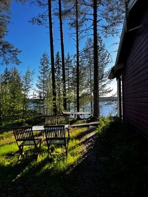 Ena sidan av huset mot skogen.