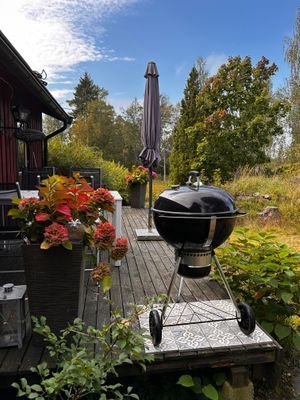 Hus nära skog, hav och ängar