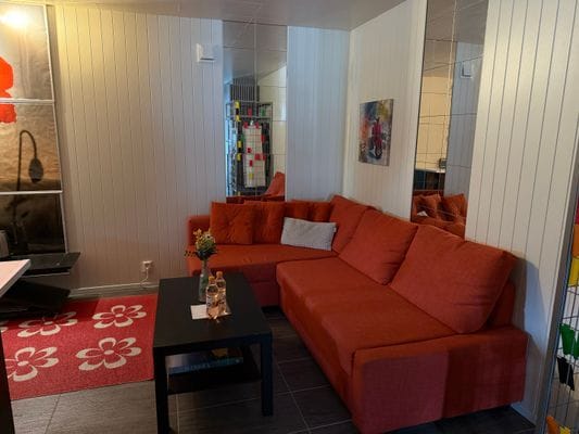Vid entrén till bottenvåningslägenheten har du vardagsrummet framför dig, med en bäddsoffa som rymmer två personer