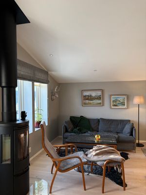 Vardagsrumsdel med kamin och smart-TV