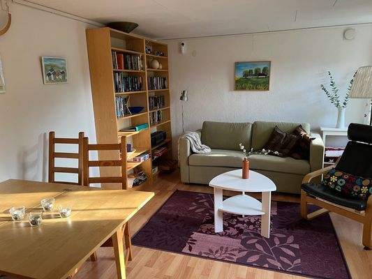 Bottenvåningen med matplats, bäddsoffa o fåtöljer